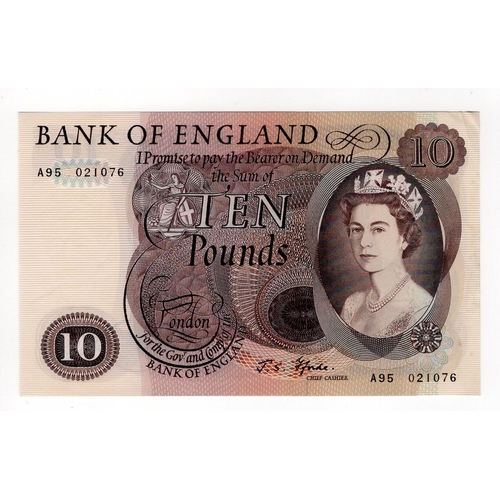 91 - Fforde 10 Pounds (B316) issued 1967, scarce LAST RUN 'A95' prefix, serial A95 021076 (B316, Pick376b... 