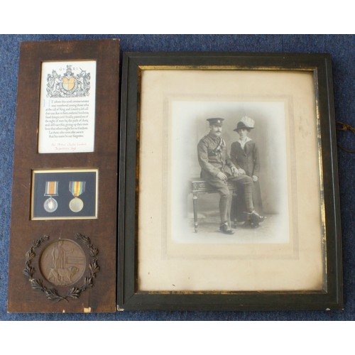 2118 - BWM and Victory medals with Memorial Plaque and scroll in frame to 37077 Pte Arthur Charles Lambert ... 