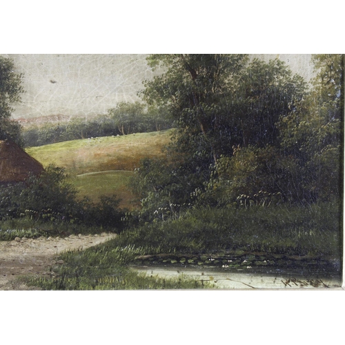 191 - R. Percy. Oil on canvas, depicting a countryside landscape with cottage and figures in the foregroun... 