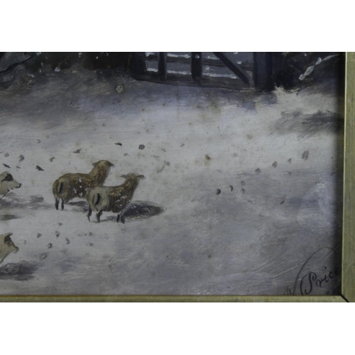 194 - W. Price?. Oil/gouache under glass depiciting farmyard animals during evening snowfall. Signed lower... 