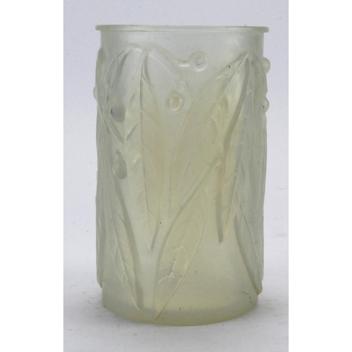 225 - Lalique. A Rene Lalique vase, decorated with leaves & berries, makers mark to side, small chip to lo... 