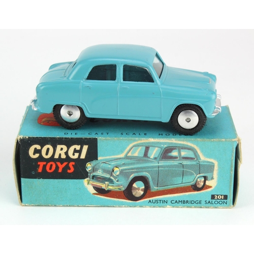 28 - Corgi Toys, no. 201 'Austin Cambridge Saloon', turquoise, with Corgi model club leaflet, contained i... 