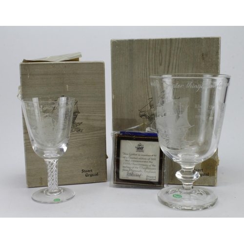 301 - Stuart Crystal. Two limited edition Stuart Crystal goblets with Mayflower engraving, tallest with ce... 