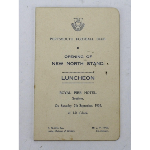 435 - Football Menu - Portsmouth FC, Opening of New North Stand 7th September 1935. 4x signatures to rever... 