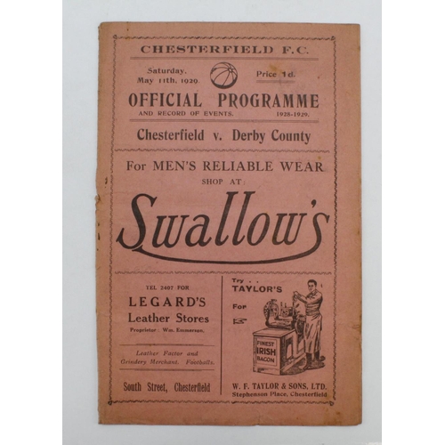 443 - Football Programme – Chesterfield v Derby County 11th May 1929 (Senior Challenge Cup) a/f 