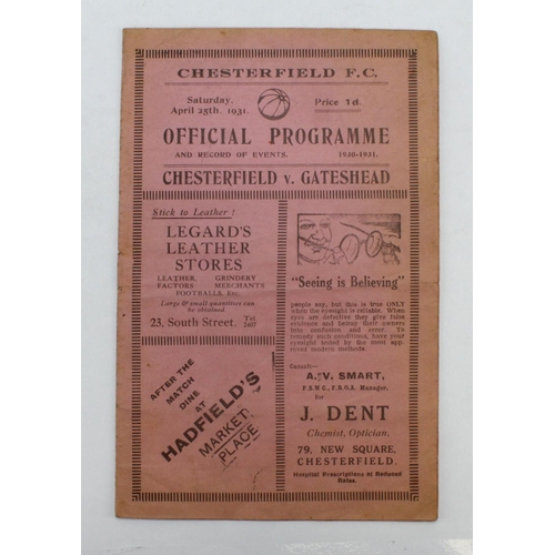 444 - Football Programme – Chesterfield v Gateshead 25th April 1931 (Third Division) a/f