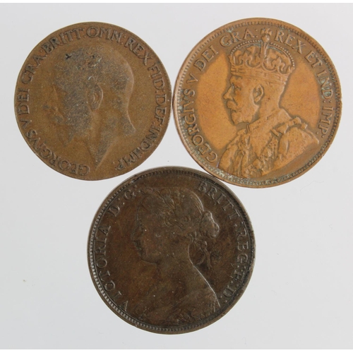 116 - Halfpenny minting errors (3): Queen Victoria 'bun head' brockage Fine (obv into rev); 1927 small thi... 