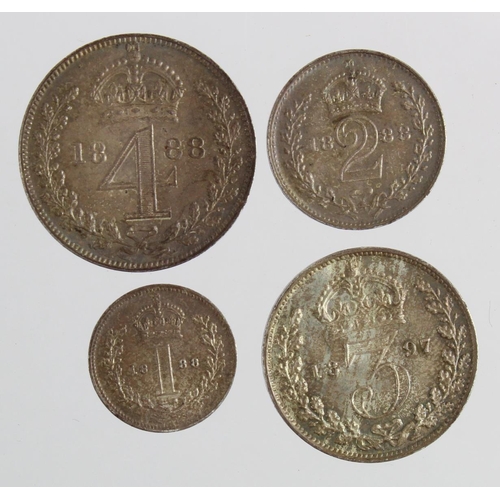 122 - Maundy: An Incomplete set 1888 (missing 3d) lightly toned aFDC, along with a single 3d 1897 also aFD... 