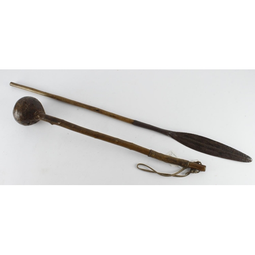 1237 - Zulu chiefs root ball carved knobkerry with leather handle and a short stabbing assegai spear signs ... 