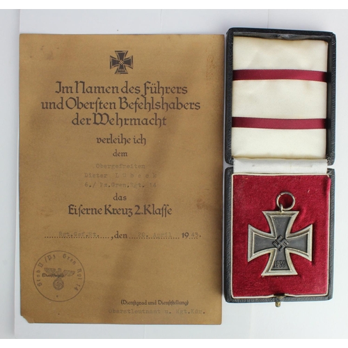 1318 - German Iron Cross 2nd class, with fitted case plus a worn award certificate.