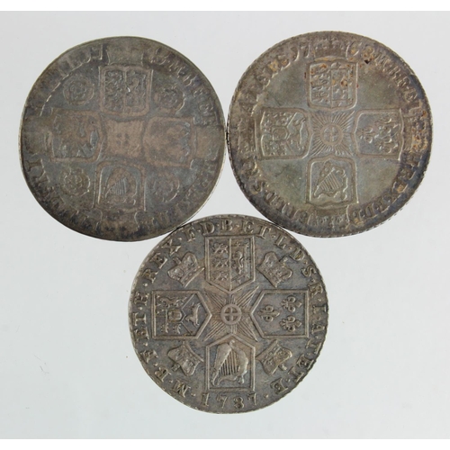 169 - Shillings (3): 1745/3 roses in angles VG, 1758 nVF, and 1787 with hearts VF