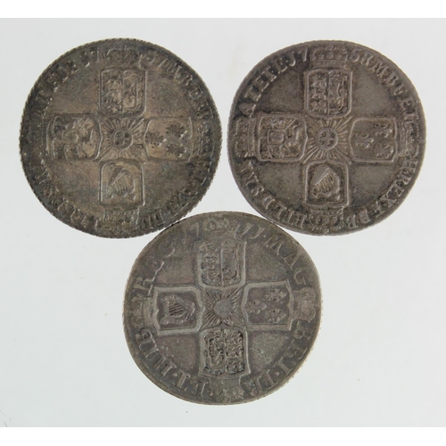 174 - Sixpences (3): 1711 Fine, 1757 VF, and 1758 VF, all toned.