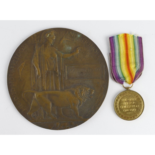 1763 - Death Plaque and Victory Medal to B-23226 Pte Donald Henry Burgess 9th Bn R.Fus. Killed In Action 4t... 