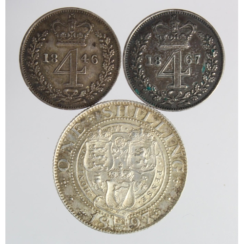 183 - Victorian Silver (3): Shilling 1897 EF, and Maundy Fourpences: 1846 nEF, and 1867 GVF