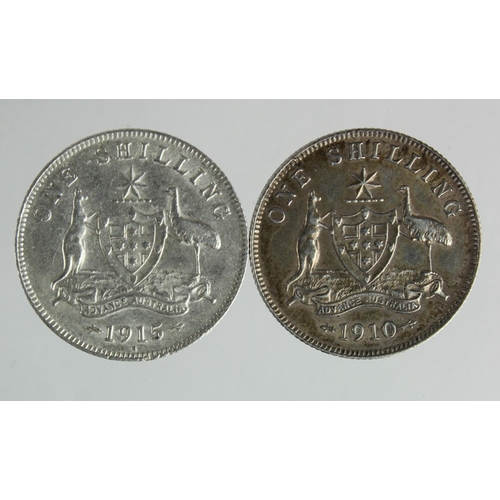 188 - Australia (2) Shillings: 1910 nEF, and 1915H (scarce) lightly cleaned GVF