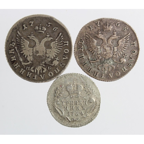 227 - Russia (3) early silver: 10 Kopeks 1764 C# 61.1 VF surface flaws; Polupoltinniks (1/4 Roubles): 1756... 