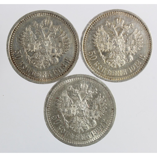 264 - Russia, Nicholas II silver 50 Kopeks (3): 1897 * GVF, 1912 ЭБ nEF, and 1913 BC GVF