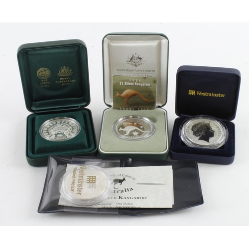 368 - Australia Commemorative Silver Dollars (4): Kangaroo 2000 in capsule, Westminster packet and cert; K... 