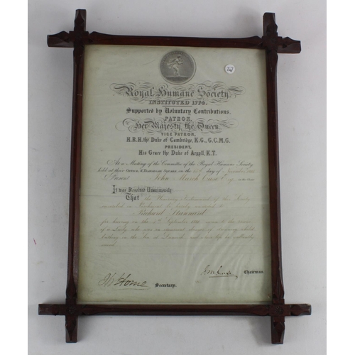 644 - Royal Humane Society framed certificate presented to Richard Stannard for his action on 7th Septembe... 