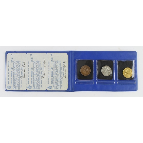 646 - San Marino set of three medalets d.21mm 1965 in bronze, .800 silver, and .900 gold (6.28g of 21.6ct)... 