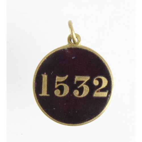 653 - Suffragette related (possibly), purple enamel & brass medal, has 1532 on the front, back reads 