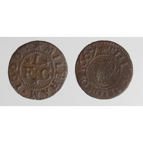 654 - Tokens, 17thC Norfolk (2): Creak South Will Swallow Farthing W22 porous VG, and Mileham Francis Ladl... 