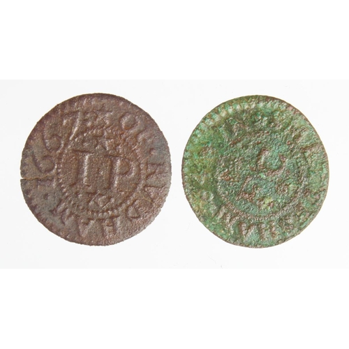 655 - Tokens, 17thC Norfolk (2): Rudham John Pearson Farthing 1667 W236 porous nF, and Snettisham Francis ... 