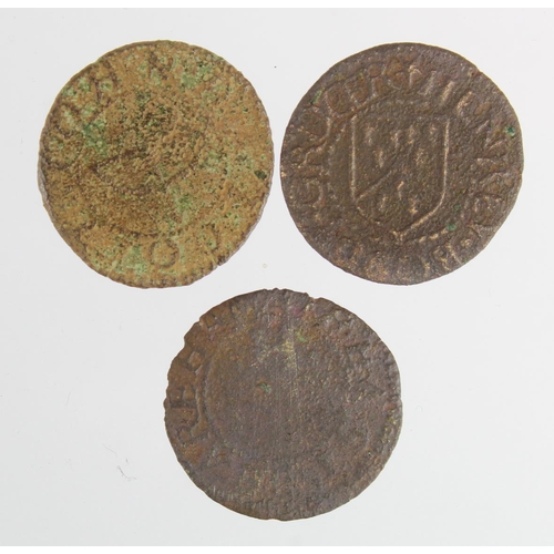 656 - Tokens, 17thC Norfolk (3) East Dereham: John Halcott Farthings W34, two examples, very rare, poor an... 