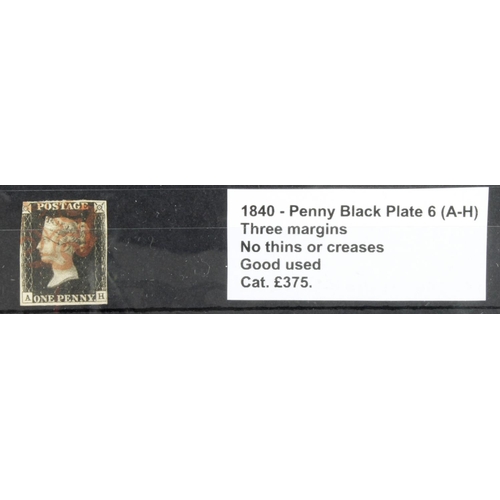 682 - GB - 1840 Penny Black Plate 6 (A-H) three margins, no thins or creases, good used, cat £375