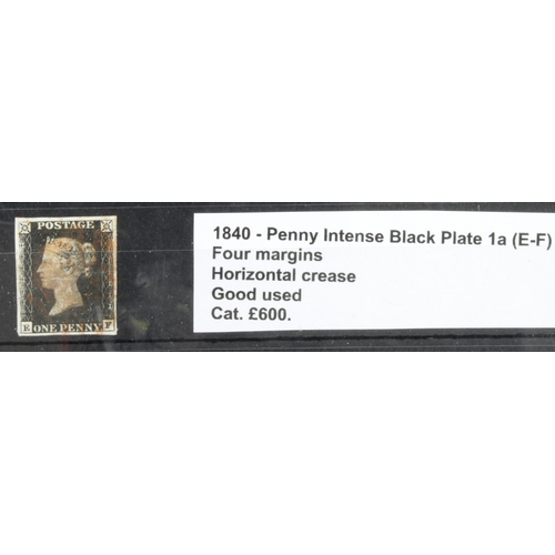 693 - GB - 1840 Penny Intense Black Plate 1s (E-F) four margins, horizontal crease, good used, cat £600