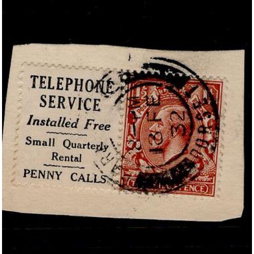 724 - GB - KGV 1½d stamp ex booklet with Telephone Service printed label attached, Parkstone Dorset postma... 