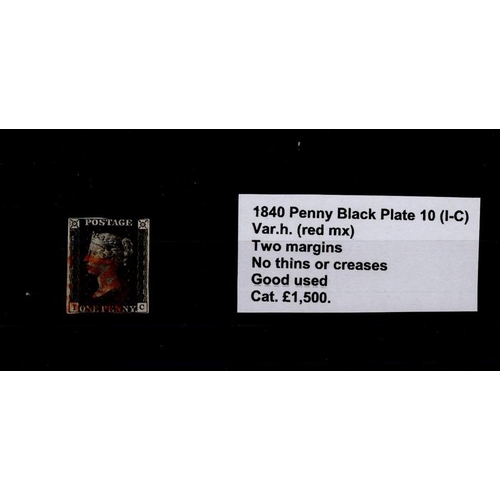 744 - GB - QV 1840 Penny Black Plate 10 (I-C) Var.h. (red MX) two margins, no thins or creases, good used,... 