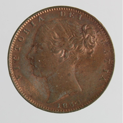 94 - Farthing 1853 WW raised, EF with lustre.