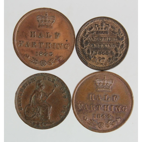 95 - Fractional Farthings (4): Half-Farthings: 1843 VF, 1844 EF; Third-Farthings: 1827 VF, and 1868 EF wi... 