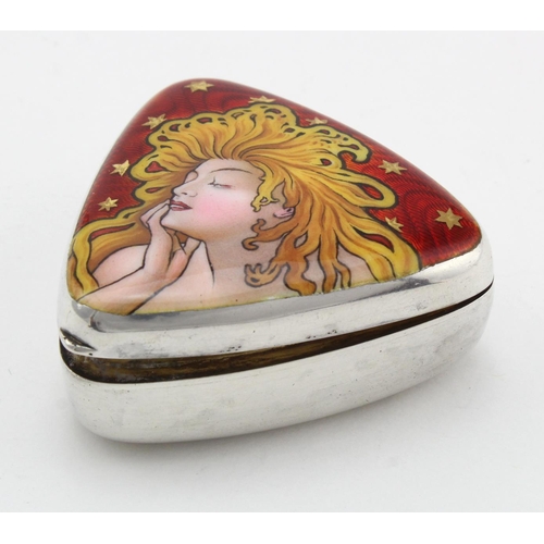 1008 - Victorian silver pill box hallmarked HL Birm 1899 with a later addition of an enamelled lady to the ... 