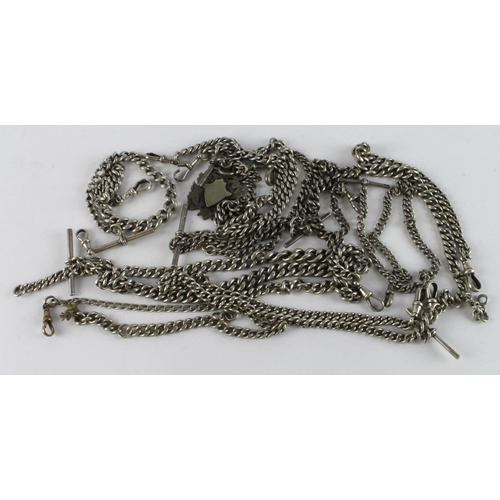 1023 - Ten silver pocket watch chains (some with t-bars), total weight 11.7oz. approx.