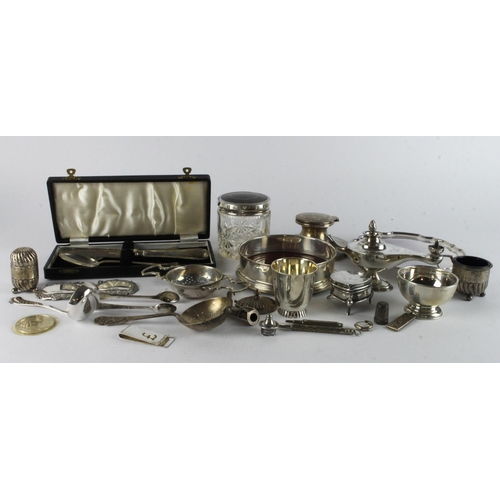 1024 - Silver. A collection of various silver hallmarked items, including tray, bottle coaster, inkwell etc... 