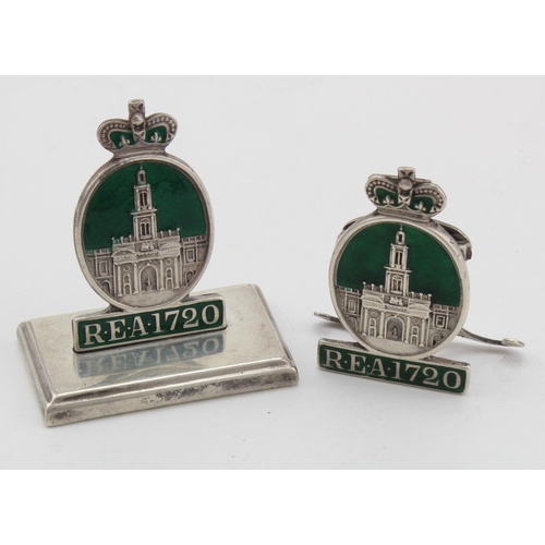 1029 - Two silver & enamel menu holders for R.E.A. (Royal Exchange Assurance) hallmarked HCF Ld. Birm. 1917... 