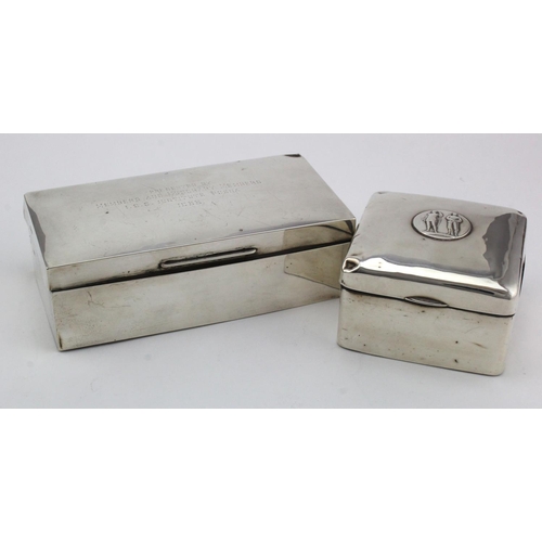 1030 - Two silver & wood lined cigarette boxes, one has a worn inscription on the lid and one has the Natio... 