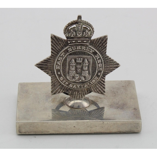 1031 - A Regimental silver menu holder for The East Surrey Regt. (5th Battalion) by Hamilton & Co., Calcutt... 