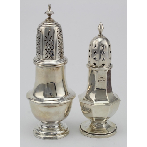 1033 - Two silver Sugar Casters in good condition, hallmarked ALD Birm. 1937 & D&F Birm. 1973.   Total weig... 