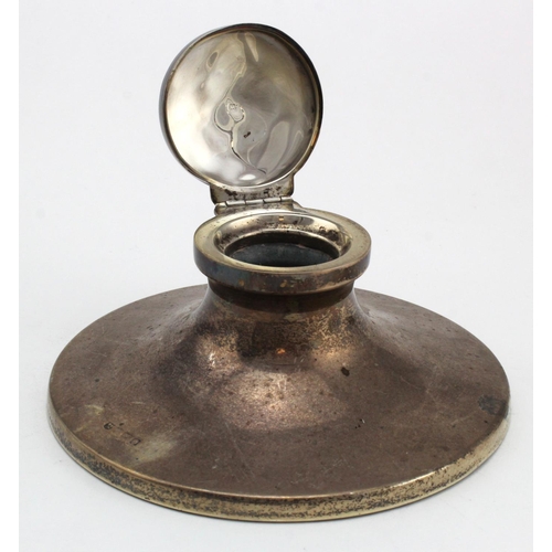 1038 - Large Silver capstan inkwell, hallmarks rubbed, no glass liner, diameter 16cm approx.