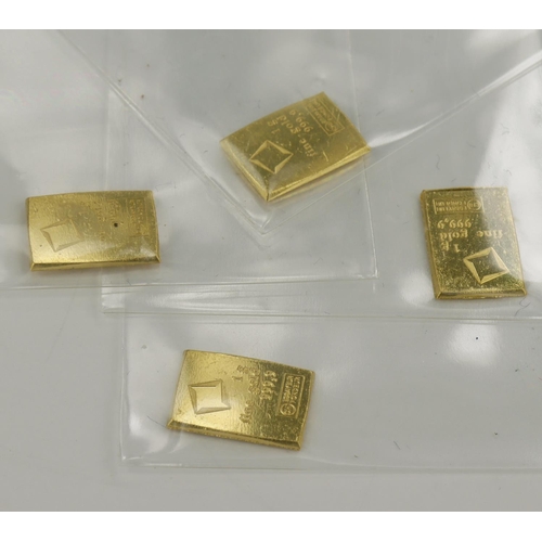 1050 - Fine gold (999.9) 1g gold bars (4) all stamped