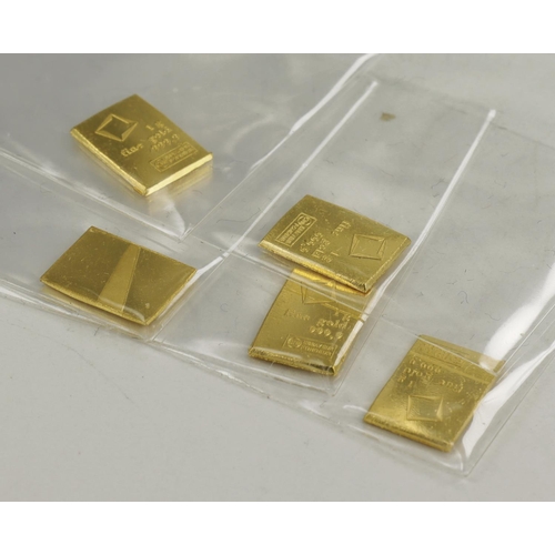 1051 - Fine gold (999.9) 1g gold bars (5) all stamped