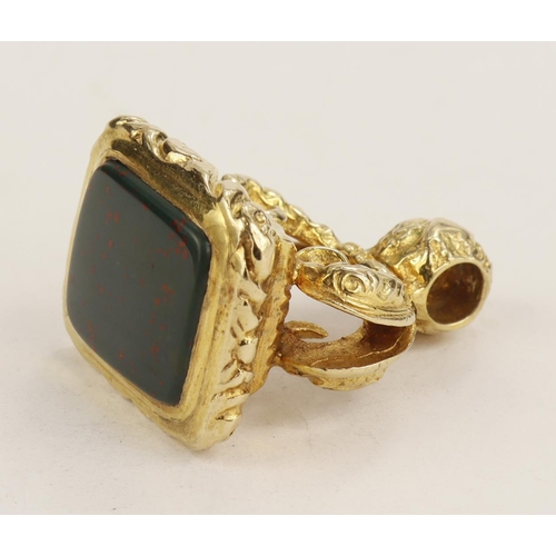 1054 - Hallmarked 9ct yellow gold fob set with bloodstone, measurements 30mm x 21mm, weight 14.3g