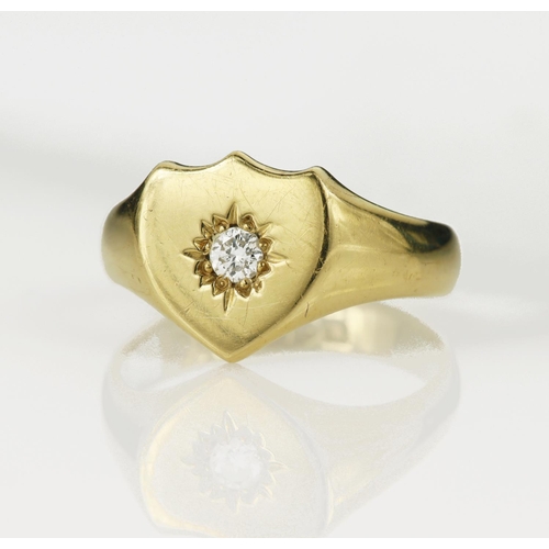 121 - 18ct yellow gold Edwardian diamond set sheild signet ring, star set round cut diamond approx 0.15ct,... 