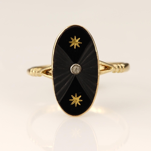 122 - Yellow gold (tests 9ct) mourning ring, set one oval onyx measuring 18mm x 9mm, set set with one 1.6m... 