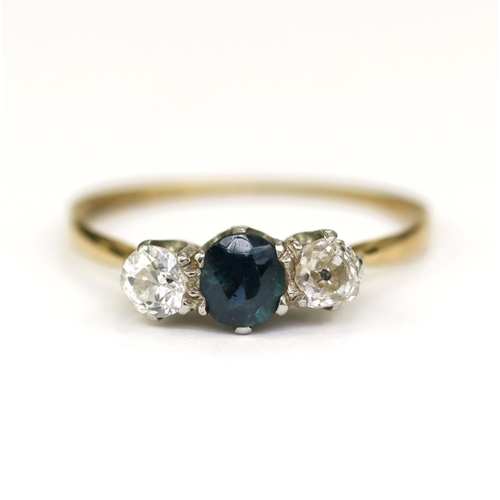 167 - Yellow gold (tests 18ct) diamond and sapphire trilogy ring, round cut teal sapphire measures 4.5mm, ... 