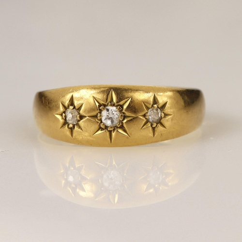 176 - 18ct yellow gold Edwardian diamond gypsy ring, set with three star set diamonds, total weight approx... 