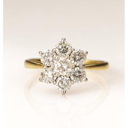 181 - 18ct yellow gold diamond daisy cluster ring estimated total weight approx 1.47ct, seven round brilli... 